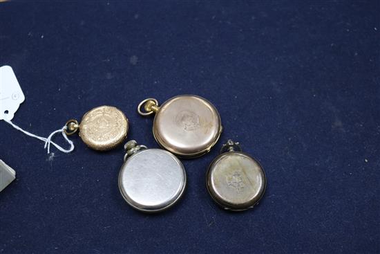 A 14k yellow metal fob pocket watch and three other pocket watches.